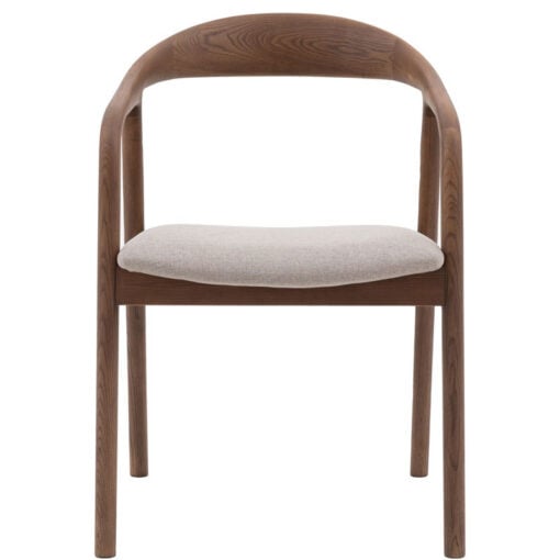 Scandi Japandi Set Of 2 Curved Open Back Solid Walnut Coloured Ash Wood Dining Chairs With Natural Coloured Upholstered Seats
