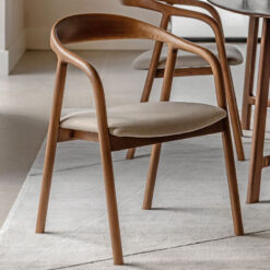 Scandi Japandi Set Of 2 Curved Open Back Solid Walnut Coloured Ash Wood Dining Chairs With Natural Coloured Upholstered Seats