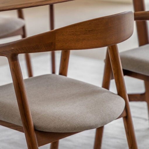 Scandi Japandi Set Of 2 Curved Open Back Solid Walnut Coloured Ash Wood Dining Chairs With Natural Coloured Upholstered Seats