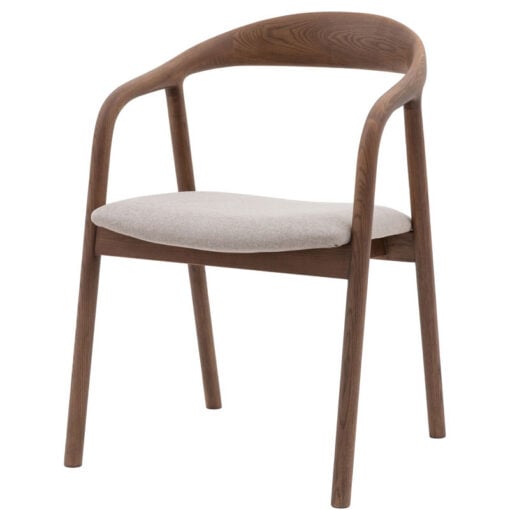 Scandi Japandi Set Of 2 Curved Open Back Solid Walnut Coloured Ash Wood Dining Chairs With Natural Coloured Upholstered Seats