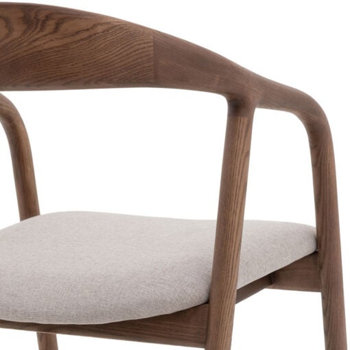 Scandi Japandi Set Of 2 Curved Open Back Solid Walnut Coloured Ash Wood Dining Chairs With Natural Coloured Upholstered Seats